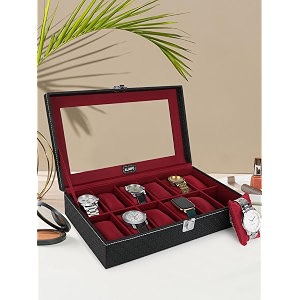 alawo watch box organizer case with 12 slots of watches in transparent display with black amp cherry color in pu leather