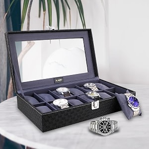 alawo watch box organizer case with 12 slots of watches in transparent display with black amp cream gray color in pu leather