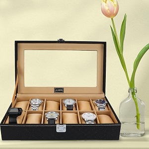 alawo watch box organizer case with 12 slots of watches in transparent display with black amp cream cream color in pu leather