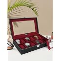 ALAWO Watch Box Organizer Case with 12 slots of Watches in Transparent Display with Black &amp; Cherry Color in PU Leather