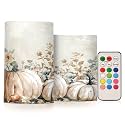 ALAZA Autumn Pink Pumpkins Floral Flickering Flameless Candles Battery Operated with Remote Timer,Tea Light Candles LED Pillar Votive Candles Set of 2 for Outdoor Indoor Decorations