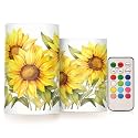 ALAZA Blooming Yellow Sunflowers Flickering Flameless Candles Battery Operated with Remote Timer,Tea Light Candles LED Pillar Votive Candles Set of 2 for Outdoor Indoor Decorations