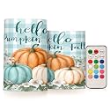 ALAZA Fall Autumn Pumpkins Teal Buffalo Plaid Flickering Flameless Candles Battery Operated with Remote Timer,Tea Light Candles LED Pillar Votive Candles Set of 2 for Outdoor Indoor Decorations
