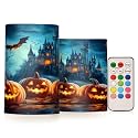 ALAZA Halloween Pumpkins Castle Flying Bat Flickering Flameless Candles Battery Operated with Remote Timer,Tea Light Candles LED Pillar Votive Candles Set of 2 for Outdoor Indoor Decorations