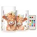 ALAZA Kawaii Highland Cow Butterflies Flickering Flameless Candles Battery Operated with Remote Timer,Tea Light Candles LED Pillar Votive Candles Set of 2 for Outdoor Indoor Decorations