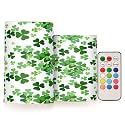 ALAZA Lucky Clover Shamrocks Patrick's Day Flickering Flameless Candles Battery Operated with Remote Timer,Tea Light Candles LED Pillar Votive Candles Set of 2 for Outdoor Indoor Decorations3