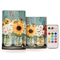 ALAZA Painting Sunflowers Floral Jars Flickering Flameless Candles Battery Operated with Remote Timer,Tea Light Candles LED Pillar Votive Candles Set of 2 for Outdoor Indoor Decorations