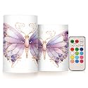 ALAZA Purple Butterflies Flickering Flameless Candles Battery Operated with Remote Timer,Tea Light Candles LED Pillar Votive Candles Set of 2 for Outdoor Indoor Decorations