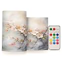 ALAZA Spring Cherry Blossom Flowers Flickering Flameless Candles Battery Operated with Remote Timer,Tea Light Candles LED Pillar Votive Candles Set of 2 for Outdoor Indoor Decorations