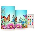 ALAZA Spring Color Butterflies Flowers Flickering Flameless Candles Battery Operated with Remote Timer,Tea Light Candles LED Pillar Votive Candles Set of 2 for Outdoor Indoor Decorations