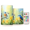 ALAZA Spring Summer Flowers Blue Bird Flickering Flameless Candles Battery Operated with Remote Timer,Tea Light Candles LED Pillar Votive Candles Set of 2 for Outdoor Indoor Decorations
