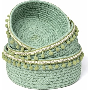 alby rope storage natural handwoven jute round shelf basket for your home amp kitchen small medium large-pack of 3 green tassel