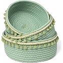 ALBY® Rope Storage Natural Handwoven Jute Round Shelf Basket For Your Home &amp; Kitchen (Small, Medium, Large)-Pack Of 3 (green tassel)