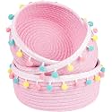 ALBY® Rope Storage Natural Handwoven Jute Round Shelf Basket For Your Home &amp; Kitchen (Small, Medium, Large)-Pack Of 3 (pink tassle)