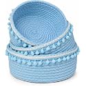 ALBY® Rope Storage Natural Handwoven Jute Round Shelf Basket For Your Home &amp; Kitchen (Small, Medium, Large)-Pack Of 3 (sky blue tassle)