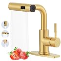 ALEASHA Bar Sink Faucet Single Hole, 3 Water Modes Wet Bar Faucets with Pull Out Sprayer, Prep Sink Faucet 360 Swivel for Small Kitchen Bathroom Faucets with cUPC Supply Lines, Brushed Golden