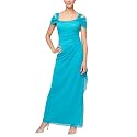 Alex Evenings Women's Long Cold Shoulder Mother of the Bride Dress with Cowl Neckline and Overlay Skirt