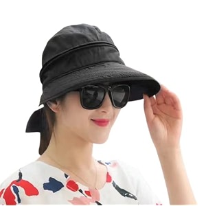 alexvyan polyester 2 in 1 wide brim round hat and sun visor - uv protection summer cap for women girls - foldable adjustable beach safari hat black large
