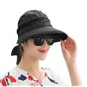 Alexvyan Polyester 2 in 1 Wide Brim Round Hat and Sun Visor - UV Protection Summer Cap for Women, Girls - Foldable, Adjustable Beach Safari Hat (Black, Large)