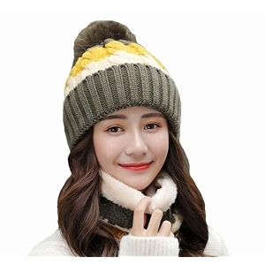 alexvyan twist color winter very soft warm 1 set snow proof knitted ball cap inside fur woolen beanie cap  neck muffler scarf set for ladies women girl