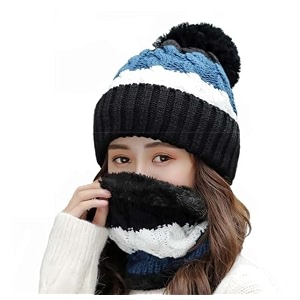 alexvyan twist color winter very soft warm 1 set snow proof knitted ball cap inside fur woolen beanie cap  neck muffler scarf set for ladies women girl