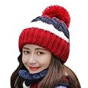 Alexvyan Twist Color Winter Very Soft Warm 1 Set Snow Proof Knitted Ball Cap (Inside Fur) Woolen Beanie Cap + Neck Muffler Scarf Set for Ladies Women Girl
