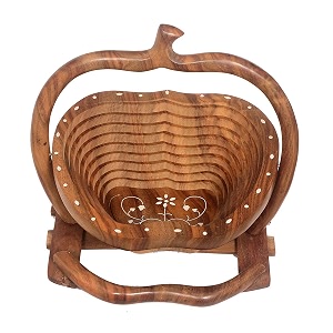 portable fruits amp vegetables foldable basket with handle amp stand for kitchen dining table shelf basket sheesham wood brown