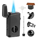 All in One Triple Jet Flame Torch Lighter Built-in Cutter, Cutter V Cut, Punch, Holder Function, Draw Enhancer Tool, Refillable Windproof Butane Lighter, Mens Gifts. Grey(Sold Without Gas)