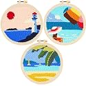 Allazone 3 Set Punch Needle Kits with Ocean Pattern, Embroidery Starter Kits Punch Needle Tool Threader Fabric, Yarn, Embroidery Hoop for Crafts, Home Decor