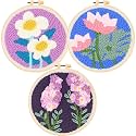 Allazone 3 Set Punch Needle Embroidery Starter Kits with Flower Pattern, Punch Needle Tool Threader Fabric, Yarn, Embroidery Hoop for Crafts, Home Decor