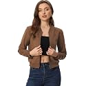 Allegra K Faux Suede Jacket for Women's Stand Collar Zip Up Bomber Jackets