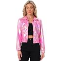Allegra K Women's Metallic Jacket Holographic Shiny Long Sleeve