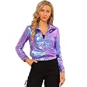 Allegra K Women's Metallic Jacket Holographic Shiny Long Sleeve