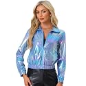 Allegra K Women's Metallic Jacket Holographic Shiny Long Sleeve