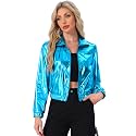 Allegra K Women's Metallic Jacket Holographic Shiny Long Sleeve