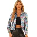 Allegra K Women's Metallic Jacket Holographic Shiny Long Sleeve