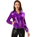 Allegra K Women's Metallic Jacket Holographic Shiny Long Sleeve