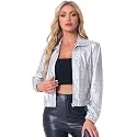 Allegra K Women's Metallic Jacket Holographic Shiny Long Sleeve