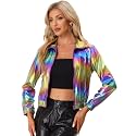 Allegra K Women's Metallic Jacket Holographic Shiny Long Sleeve