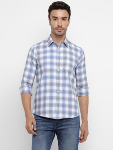 Allen Cooper Men Checkered Casual Blue White