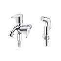Alligator Fusion 2 in 1 Angle Cock Long Bib Tap Brass Disc Fitting for Bathroom/Kitchen/Toilet with Jaguar Hand Shower/Health Faucet Set 1 Meter Flexible Steel Tube, Hook (Set of 1)