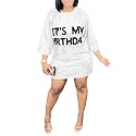 ALLUMK Women Sexy Glitter Sequin Shirts Dress Letter Graphic Print Half Sleeve Party Club Short Dress