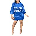 ALLUMK Women Sexy Glitter Sequin Shirts Dress Letter Graphic Print Half Sleeve Party Club Short Dress