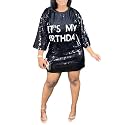 ALLUMK Women Sexy Glitter Sequin Shirts Dress Letter Graphic Print Half Sleeve Party Club Short Dress