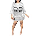 ALLUMK Women Sexy Glitter Sequin Shirts Dress Letter Graphic Print Half Sleeve Party Club Short Dress