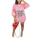 ALLUMK Women Sexy Glitter Sequin Shirts Dress Letter Graphic Print Half Sleeve Party Club Short Dress