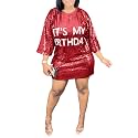 ALLUMK Women Sexy Glitter Sequin Shirts Dress Letter Graphic Print Half Sleeve Party Club Short Dress