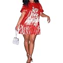 ALLUMK Women Sexy Glitter Sequin Shirts Dress Letter Graphic Print Half Sleeve Party Club Short Dress