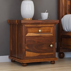 wooden bedside table for bedroom living room amp office  bed side nightstand end table with 1 drawer amp 1 door cabinet storage  solid wood sheesham natural brown finishrogun