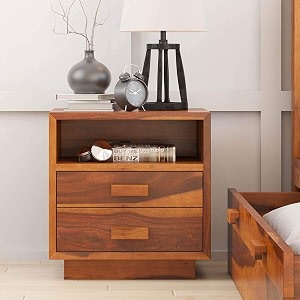 almaro wooden bedside table for bedroom living room amp office  bed side nightstand end table with 2 drawers amp 1 shelf storage  solid wood sheesham natural finishaura